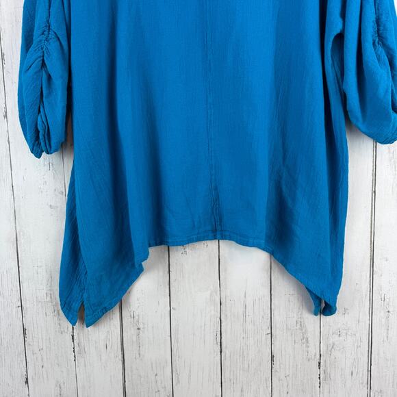 Oh My Gauze! Blue Arty Cotton Gauze Blouse Ruched Tunic Plus Size 3 / XXL 16+ - Picture 8 of 16
